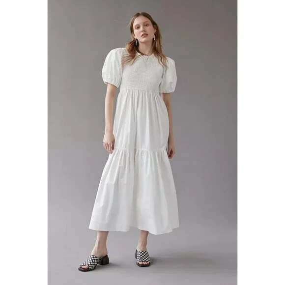 UO EN SAISON MARA White Midi Tiered Smocked Puff Sleeve Dress Women's Sz M - Picture 3 of 11
